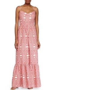 Betsey Johnson Maxi Dress Womens Size 6 Coral Tiered Smocked Adjustable Straps